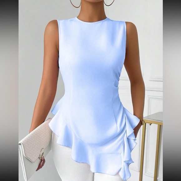 Luxe pink round neck ruffle hem sleeveless blouse - Picture 10 of 16